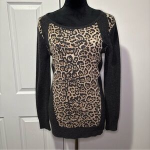 Hayden Cheetah Print/Gray Long Sleeve Scoop Neck Cashmere Sweater - Size M